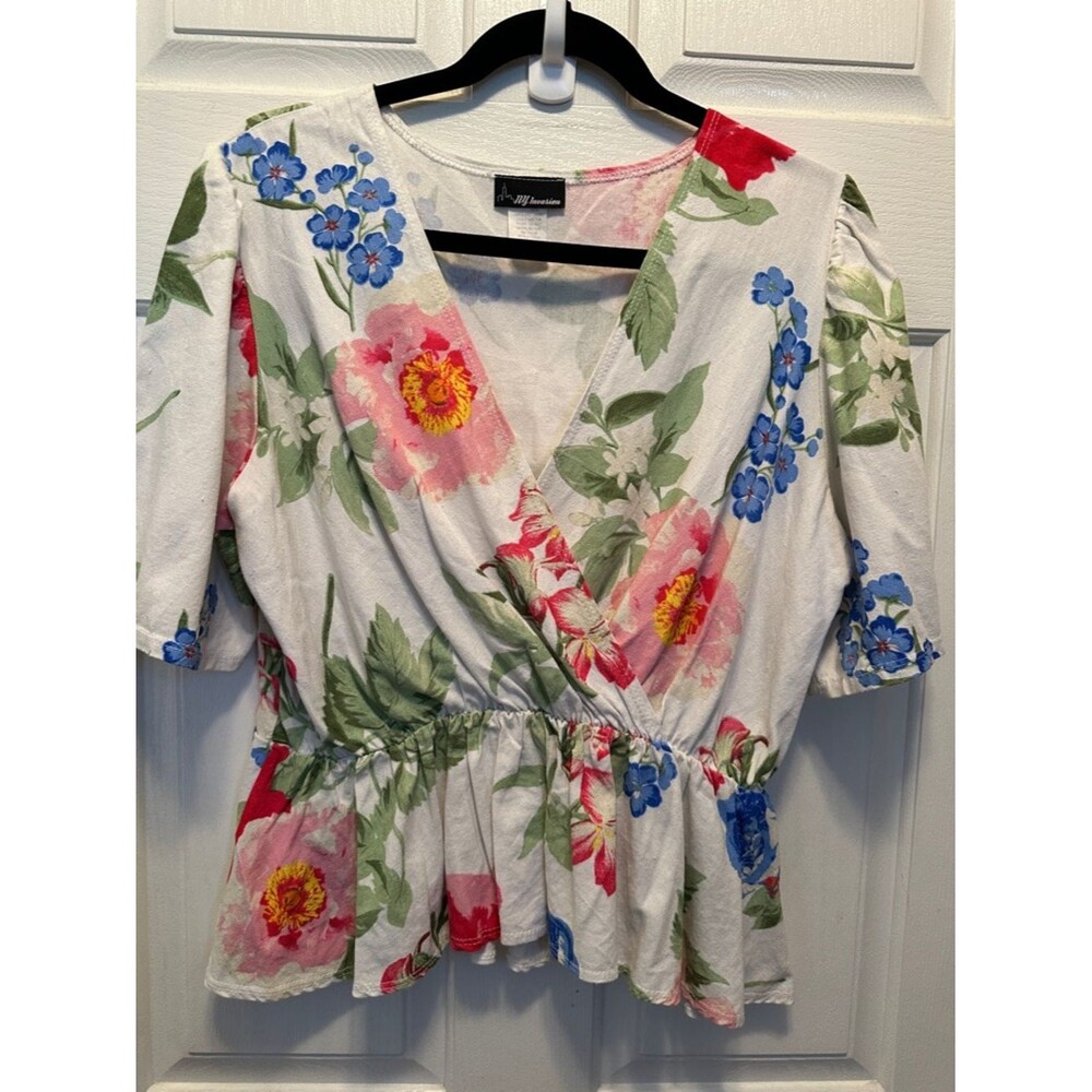 Floral Faux Wrap Peplum Blouse Linen Blend Pink & Blue Flowers Size Medium